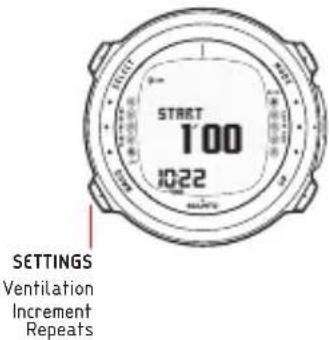 STRET 100 10:22 SETTINGS Ventilation Increment Repeats
