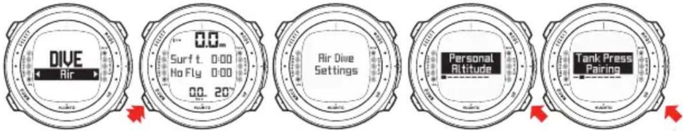 DIVE Air 0.0 Surf t. 0:00 No Fly 0:00 00. 20° Air Dive Settings Personal Altitude Tank Press Pairing