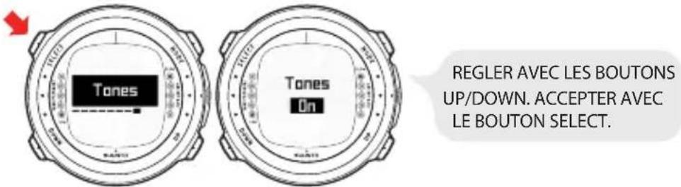 Tones Tones On REGLER AVEC LES BOUTONS UP/DOWN. ACCEPTER AVEC LE BOUTON SELECT.