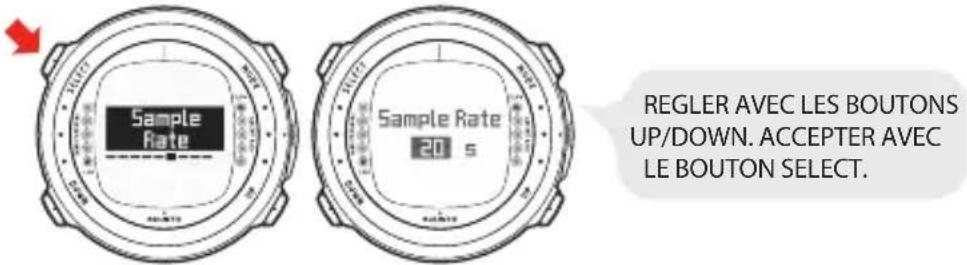 Sample Rate Sample Rate 20 s REGLER AVEC LES BOUTONS UP/DOWN. ACCEPTER AVEC LE BOUTON SELECT.