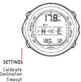 17.8 ← N·NE·E 180. 12 SETTINGS Calibrate Declination Timeout