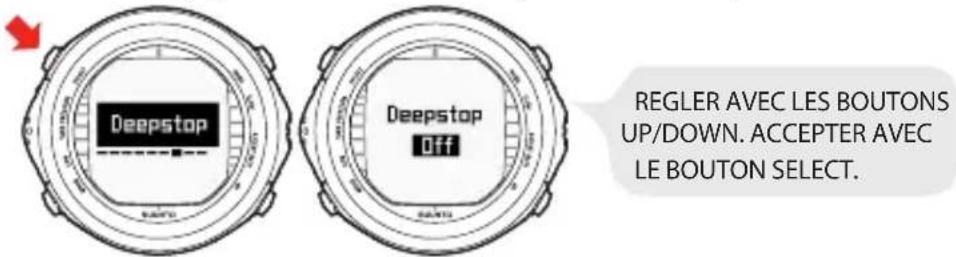 Deepstop Off REGLER AVEC LES BOUTONS UP/DOWN. ACCEPTER AVEC LE BOUTON SELECT.