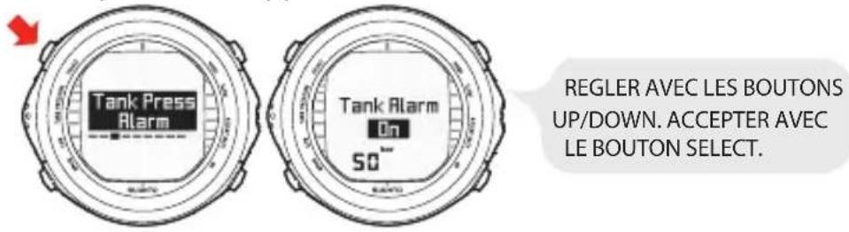 Tank Press Alarm Tank Alarm On 50° REGLER AVEC LES BOUTONS UP/DOWN. ACCEPTER AVEC LE BOUTON SELECT.