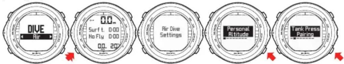 DIVE Air 0.0m Surf t. 0:00 No Fly 0:00 00.20 Air Dive Settings Personal Altitude Tank Press Pairing