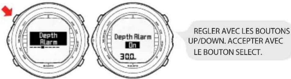Depth Alarm Depth Alarm On 300. REGLER AVEC LES BOUTONS UP/DOWN. ACCEPTER AVEC LE BOUTON SELECT.