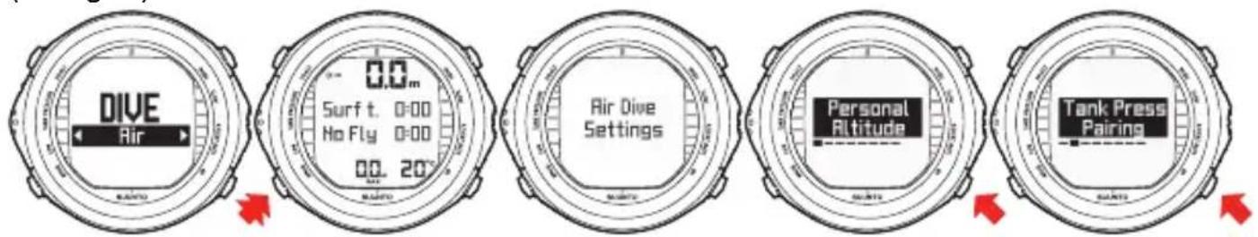 DIVE Air 0.0m Surf t. 0:00 No Fly 0:00 00. 20° Air Dive Settings Personal Altitude Tank Press Pairing