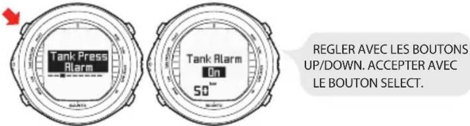 Tank Press Alarm Tank Alarm On 50 mm REGLER AVEC LES BOUTONS UP/DOWN. ACCEPTER AVEC LE BOUTON SELECT.