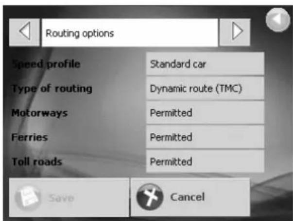 Routing options Speed profile Standard car Type of routing Dynamic route (TMC) Motorways Permitted Ferries Permitted Toll roads Permitted Save Cancel
