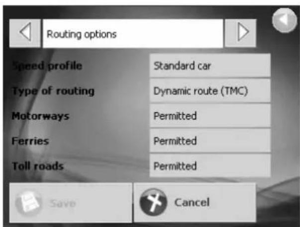 Routing options Speed profile Standard car Type of routing Dynamic route (TMC) Motorways Permitted Ferries Permitted Toll roads Permitted Save Cancel