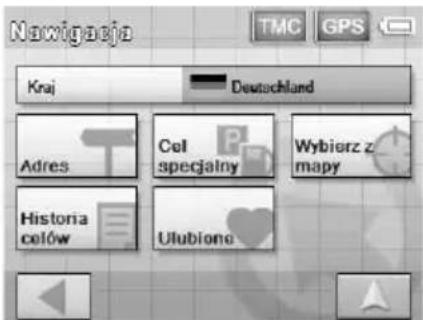 Navigacja TMC GPS Kraj Deutschland Adres Cel specjalny Wybierz z mapy Historia celów Ulubione