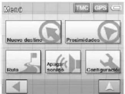 Menó TMC GPS Nuevo destino Proximidades Ruta Apagar sonido Configuración