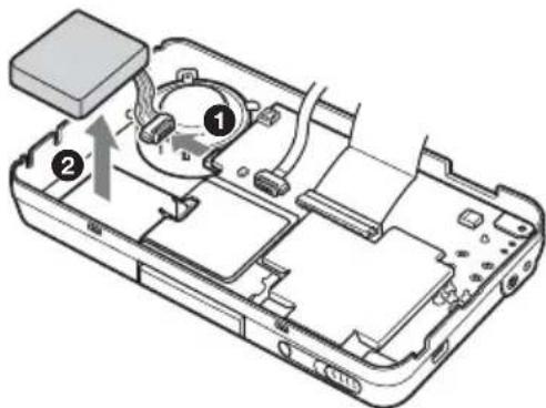Technical diagram of an electronic device showing internal components with numbered labels and directional arrows indicating movement or assembly.