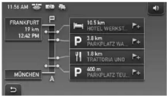 11.56 AM FRANKFURT 19 km 12:42 PM MÜNCHEN A 10.5 km HOTEL WERKST... 3.8 km PARKPLATZ WA... 1.8 km TRATTORIA UNO 400 m PARKPLATZ TEU...