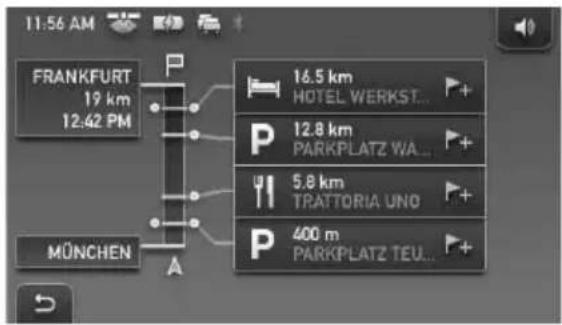 11:56 AM FRANKFURT 19 km 12.42 PM MÜNCHEN A 16.5 km HOTEL WERKST... 12.8 km PARKPLATZ WA... 5.8 km TRATTORIA UNO 400 m PARKPLATZ TEU...