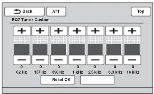 Back ATT Top EQ7 Tune : Custom + + + + + + + + - - - - - - - - - - - - - - 62 Hz 157 Hz 396 Hz 1 kHz 2.5 kHz 6.3 kHz 16 kHz Reset OK