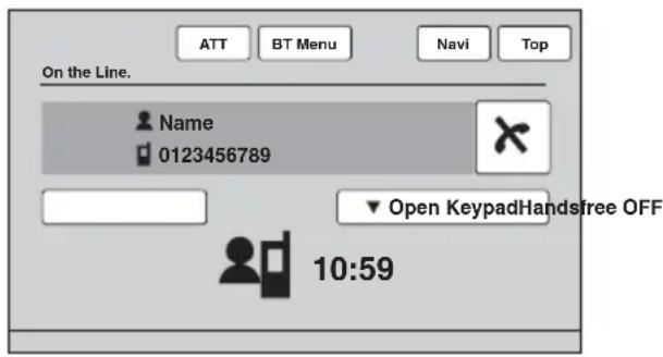 ATT BT Menu Navi Top On the Line. Name 0123456789 Open KeypadHandsfree OFF 10:59