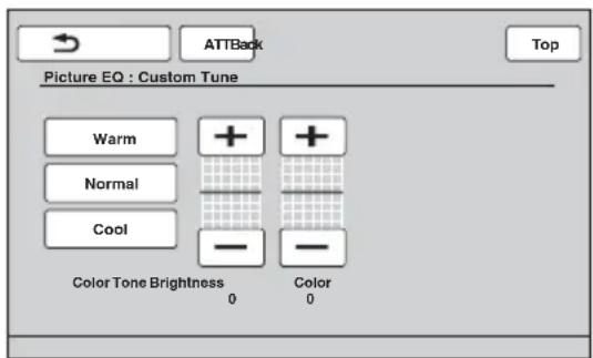 Picture EQ : Custom Tune Warm Normal Cool Color Tone Brightness 0 + + - - - - Color 0 Top