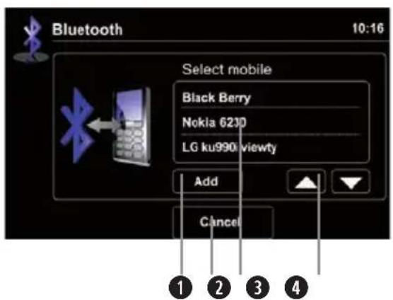 Bluetooth 10:16 Select mobile Black Berry Nokia 6210 LG ku990 viewty Add Cancel ① ② ③ ④