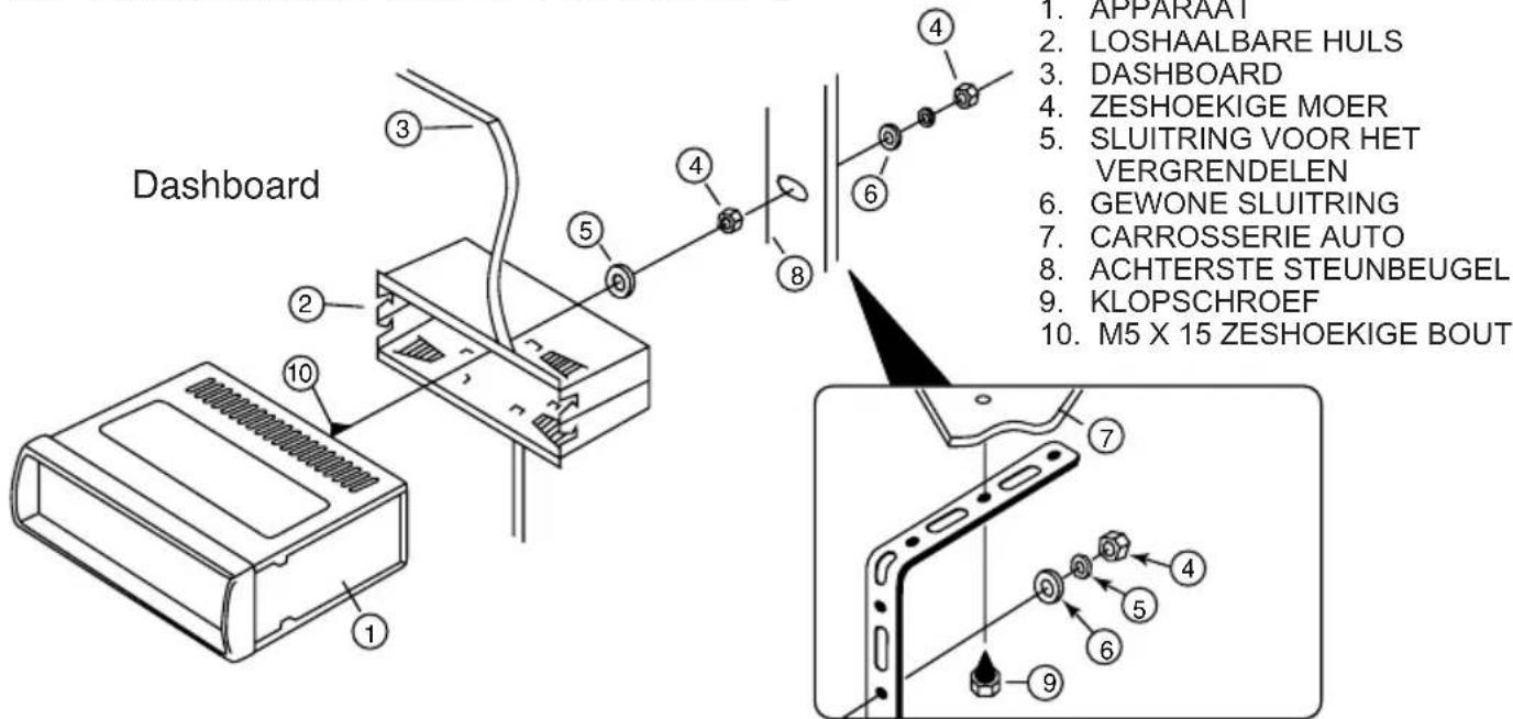 Dashboard 1. APPARAAT 2. LOSHAALBARE HULS 3. DASHBOARD 4. ZESHOEKIGE MOER 5. SLUITRING VOOR HET VERGRENDELEN 6. GEWONE SLUITRING 7. CARROSSERIE AUTO 8. ACHTERSTE STEUNBEUGEL 9. KLOPSCHROEF 10. M5 X 15 ZESHOEKIGE BOUT