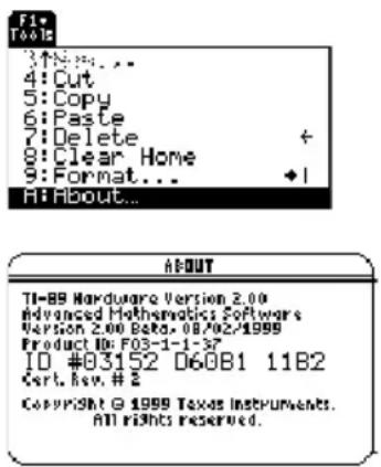 TEXAS INSTRUMENTS Voyage 200 - Het scherm "About" weergeven Het scherm "About" weergeven - 1