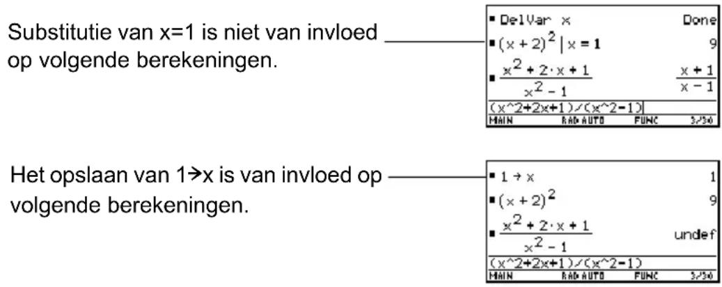 TEXAS INSTRUMENTS Voyage 200 - Substitutie vs. definitie van een variabeleSubstitutie vs. definitie van een v - 2