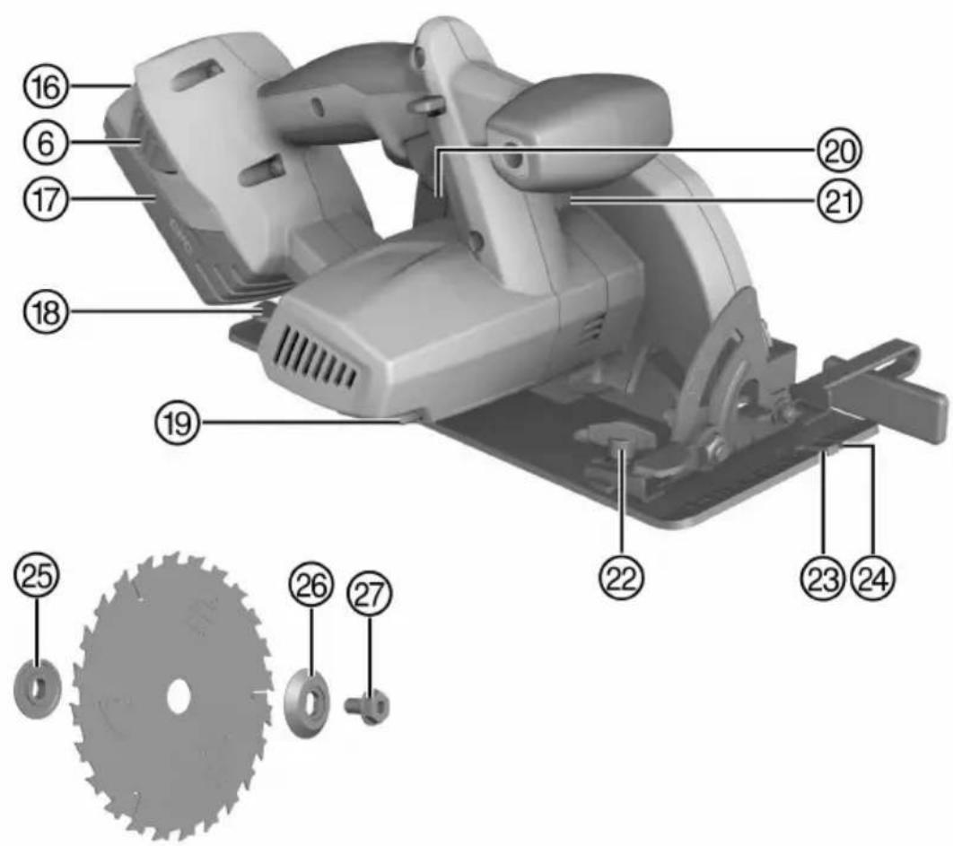 Technical diagram of a power saw cutting machine with numbered parts and a separate gear mechanism shown below.