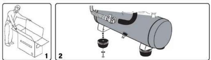 Two technical diagrams: one showing a person handling a box, the other showing a cylindrical device with internal components and a base (no text or symbols present)