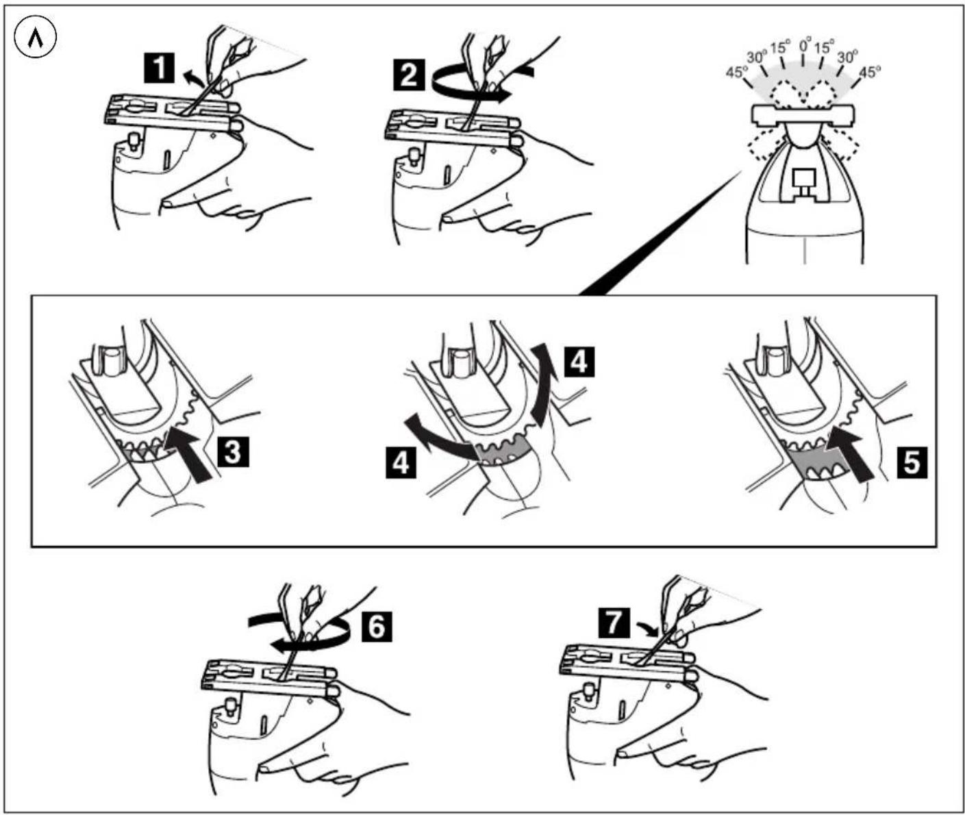 Diagram illustrating seven steps of hair styling or hair cutting technique, labeled 1 to 7 with corresponding angles and tool positions.