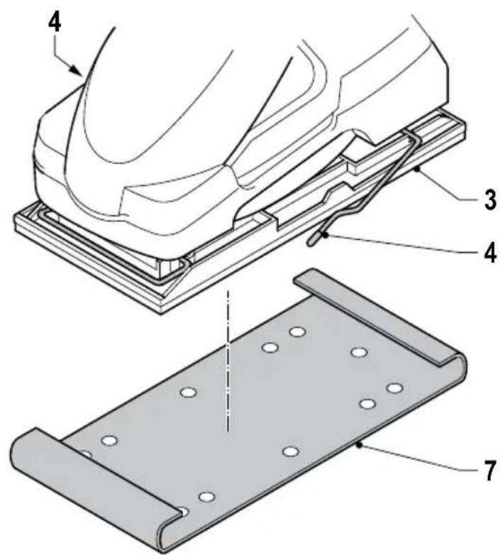 Technical diagram showing mechanical assembly with labeled parts including a component 4 and a plate with holes