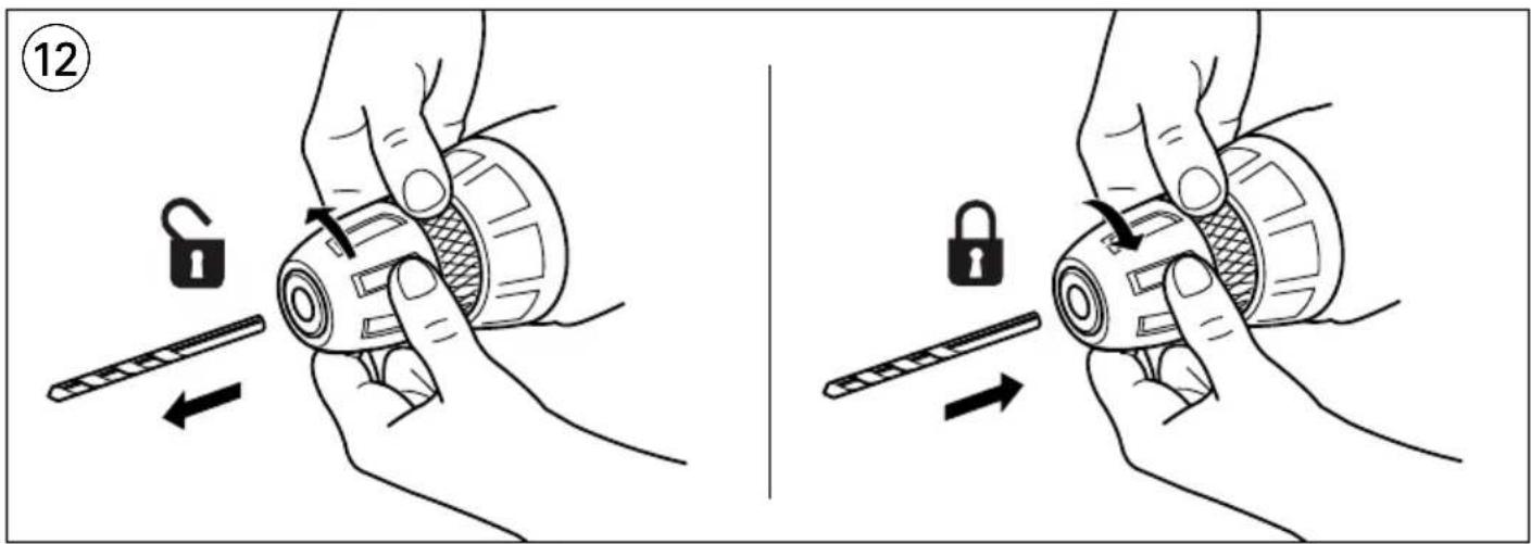Illustration showing two-step instructions for adjusting a lock mechanism, with numbered step 12 and directional arrows.