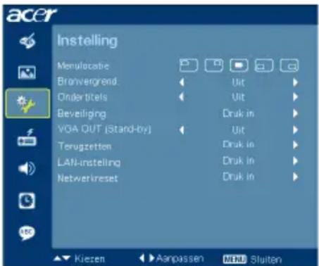 acer Instelling Menulocatie Bronvergrend Ondertitels Beveliging VGA OUT (Stand-by) Terugzetten LAN-instelling Netwerkreset Kiezen Aanpassen MENU Sluiten