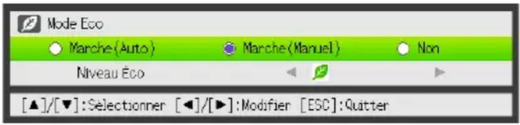 Mode Eco Marche(Auto) Marche(Manuel) Non Niveau Eco [▲]/[▼]:Selectionner [◀]/[▶]:Modifier [ESC]:Quitter