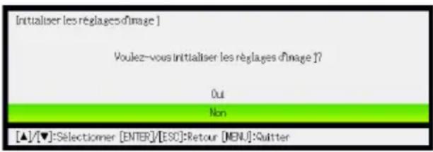 [Initialiser les réglages d'image ] Voulez-vous initialiser les réglages d'image ? Out Non [▲]/[▼]:Sélectionner [ENTER]/[ESC]:Retour [MENU]:Quitter