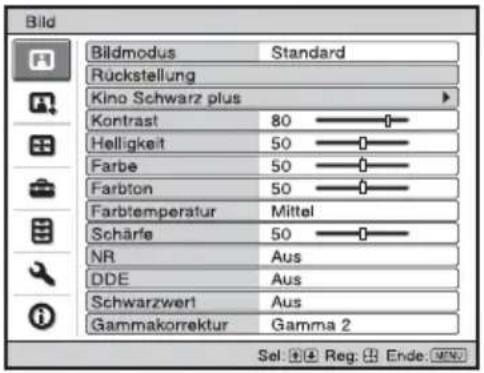 Bild Bildmodus Standard Rückstellung Kino Schwarz plus Kontrast 80 Helligkeit 50 Farbe 50 Farbton 50 Farbtemperatur Mittel Schärfe 50 NR Aus DDE Aus Schwarzwert Aus Gammakorrektur Gamma 2 Sel. Reg. Ende: Menu