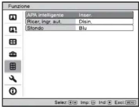 Funzione APA intelligente: Inser. Ricer. ingr. aut.: Disin. Stondo: Blu Selez: Imp: Ind: Escl: MENU