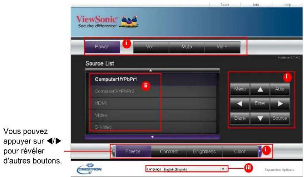 ViewSonic® See the difference™ Power Vol - Muto Vol + Source List Computer1/YPbPr1 Computer 2/YPbPr2 HDMI Video S-Video i Menu Auto Enter Blank Source i Freeze Contrast Brightness Color i Language English (English) Expansion Options Vous pouvez appuyer sur ◀/► pour révéler d'autres boutons. CRESTRON