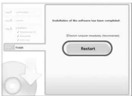 Installation of the software has been completed. Restart computer immediately (Recommended) Restart Finish