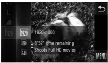 L1920 1920 1920x1080 L1280 8'52" time remaining L640 Shoots Full HD movies MENU