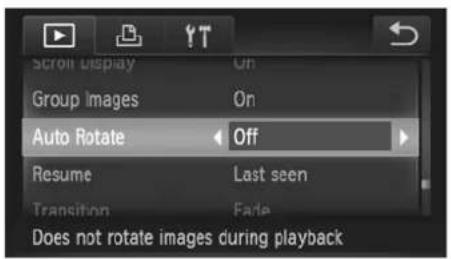 Scroll Display Group Images Auto Rotate Off Resume Last seen Transition False Does not rotate images during playback