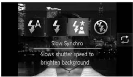 Slow Synchro Slows shutter speed to brighten background