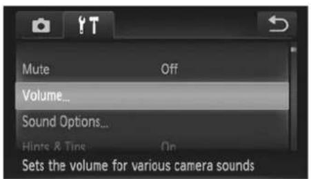 Mute Off Volume... Sound Options... Hints & Tips On Sets the volume for various camera sounds