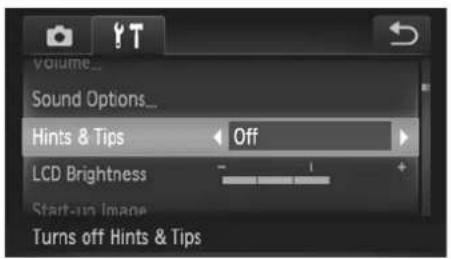 Volume Sound Options Hints & Tips Off LCD Brightness Start-up Image Turns off Hints & Tips