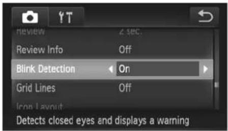 review 2 sec. Review Info Off Blink Detection On Grid Lines Off Icon Layout Detects closed eyes and displays a warning