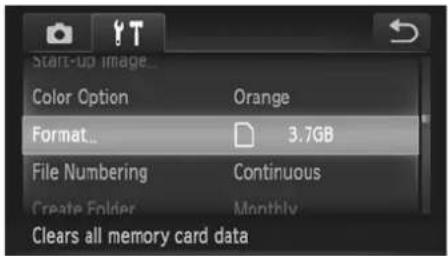 Start-up image... Color Option Orange Format... 3.7GB File Numbering Continuous Create Folder Monthly Clears all memory card data