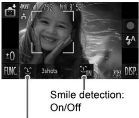 1 752 3' 52" ±0 FUNC. 3shots ON ISO AUTO DISP. Smile detection: On/Off