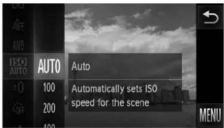ISO AUTO 100 200 AUTO Automatically sets ISO speed for the scene