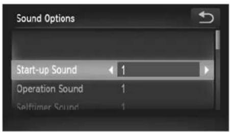 Sound Options Start-up Sound 1 Operation Sound 1 Selftimer Sound 1