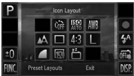 Icon Layout OFF ISO AUTO AWB A 4:3 L ±0 L1520 FUNC. Preset Layouts Exit OFF DISP.