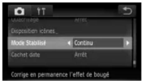 Quadrimage Arrêt Disposition icônes_ Mode Stabilisé Continu Cachet date Arrêt Corrige en permanence l'effet de bougé