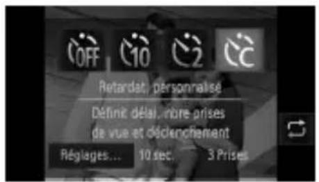 Off 10 2 Retardat, personaise Définit délai, propre prises de vue et déclenciement Réglages... 10 sec. 3 Prises